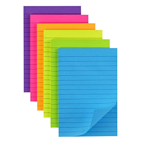 Lined Sticky Notes with Lines 4x6 Self-Stick Notes 6 Bright Color 6 Pads, 50 Sheets/Pad