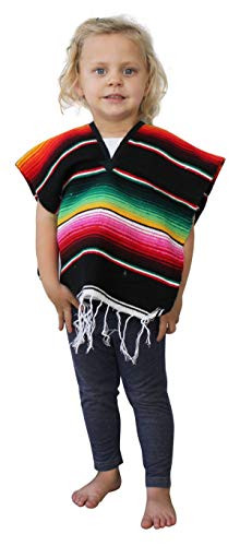 Del Mex Youth Kids Child Mexican Serape Poncho Costume (Black, Ages 6-10)
