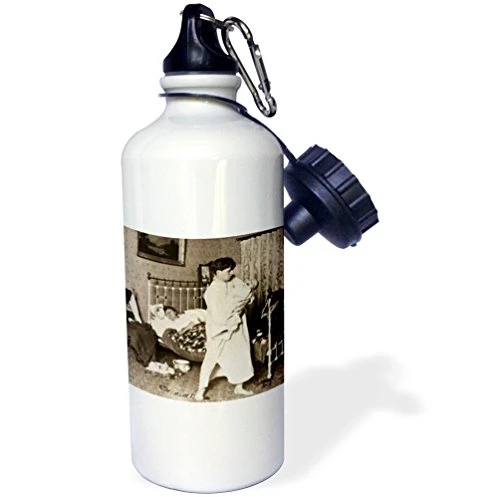 3dRose wb_16096_1"A Night of Labor New Dad 1901 Grayscale" Sports Water Bottle, 21 oz, White