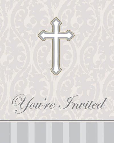 Creative Converting Devotion Cross You're Invited Christening Celebration Invitations, Silver, 8 Count