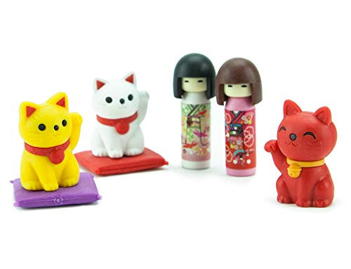 Japanese Iwako Maneki Neko & Kokeshi Eraser Set