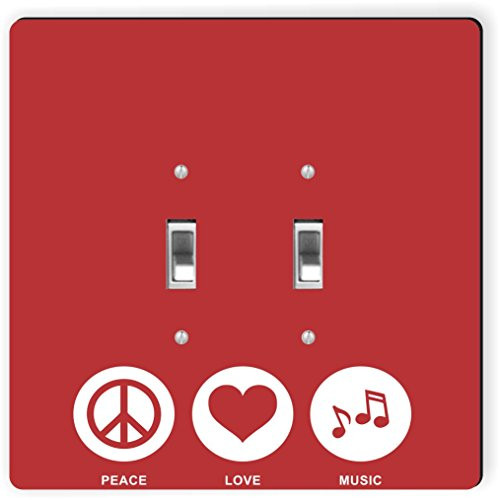 Rikki Knight 42383 Double Toggle Peace Love Music Red Color Design Light Switch Plate
