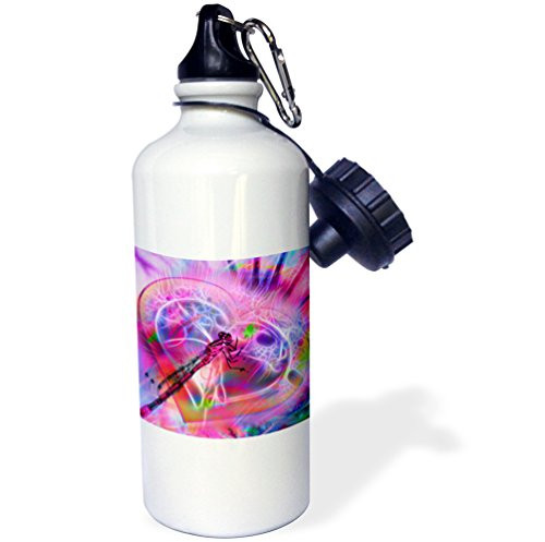 3dRose wb_116202_1 "Damselfly In Distress Abstract Fractal Heart Digital Art" Sports Water Bottle, 21 oz, White
