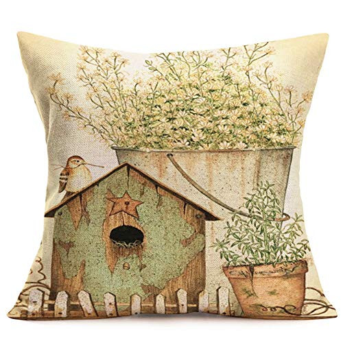 Vintage Flower with Birds Nest Decorative Throw Pillow Covers Cotton Linen Farmhouse Pillow Cases Cushion Covers Toss Throw Pillowcase 18 x 18 Inch fo