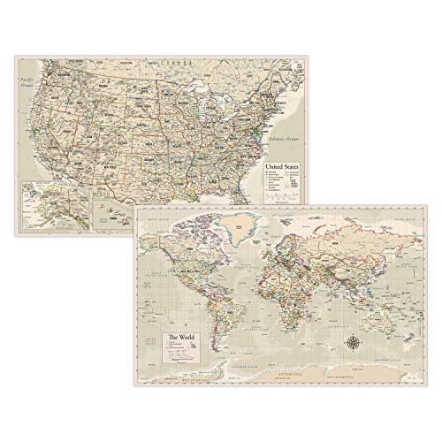 Antique Laminated World Map & US Map Poster Set - 18" x 29" - Wall Chart Maps of The World & United States - Made in The USA - Updated for 2020 (Lamin