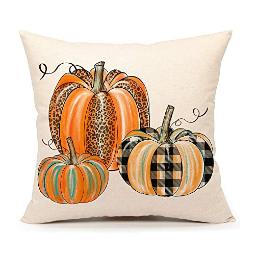 4TH Emotion Fall Orange Buffalo Check Pumpkin Throw Pillow Cover Farmhouse Autumn Cushion Case for Sofa Couch 18x18 Inches Cotton Linen