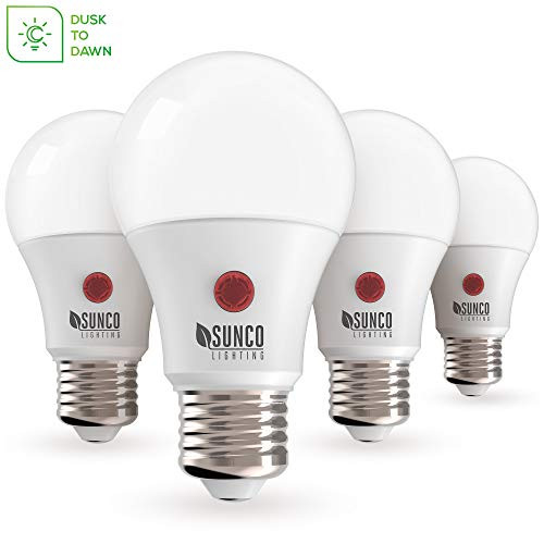 Sunco Lighting 4 Pack A19 LED Bulb with Dusk-to-Dawn, 9W=60W, 800 LM, 4000K Cool White, Auto On/Off Photocell Sensor - UL