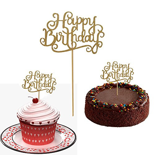 10 Gold Glittery Happy Birthday Cake Toppers. Sparkling Gold Glittery Birthday Cupcake Picks. Cake Smash Birthday Party Decorations, Candle Alternative Set Of 10. By Premium Disposables.