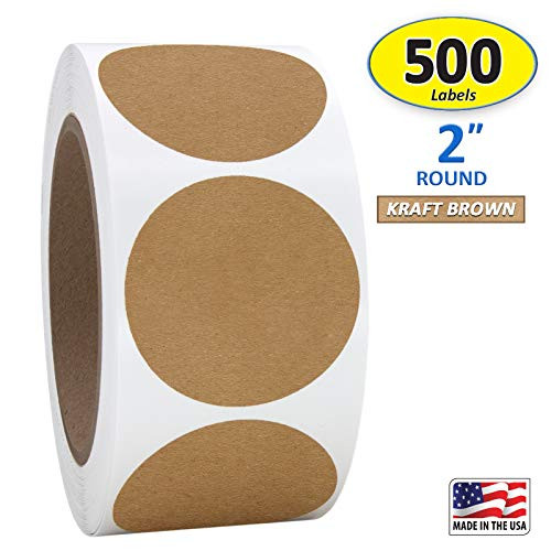 2" Kraft Brown Round Color Coding Circle Dot Labels on a Roll, 500 Stickers, 2 inch Diameter.