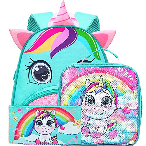 Toddler Backpack, 12" Unicorn Sequin Preschool Bag and Lunch Box for Girls