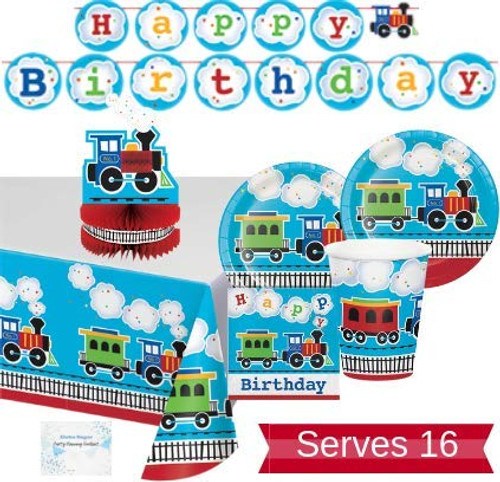 Train Party Supplies and Decorations - Plates Cups Napkins for 16 People - Includes Banner, Tablecloth and Centerpiece - Perfect Train Birthday Party Train Party Supplies and Decorations - Plates Cups Napkins for 16 People - Includes Banner, Tablecloth and Centerpiece - Perfect Train Birthday Party