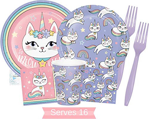 Caticorn Party Supplies and Decorations - Caticorn Party Plates and Napkins Cups & Forks for 16 People - Perfect Caticorn Birthday Party Decorations a