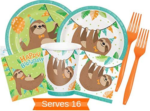 Sloth Party Supplies and Decorations - Sloth Party Plates and Napkins Cups & Forks for 16 People - Perfect Sloth Birthday Party Decorations and Sloth