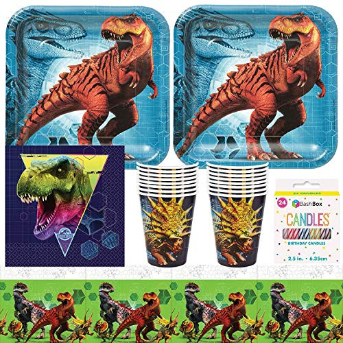 BashBox Jurassic World Dinosaur Birthday Party Supplies Pack Including Plates, Cups, Napkins, Tablecover (16 Guests) Plus BONUS BashBox Candles