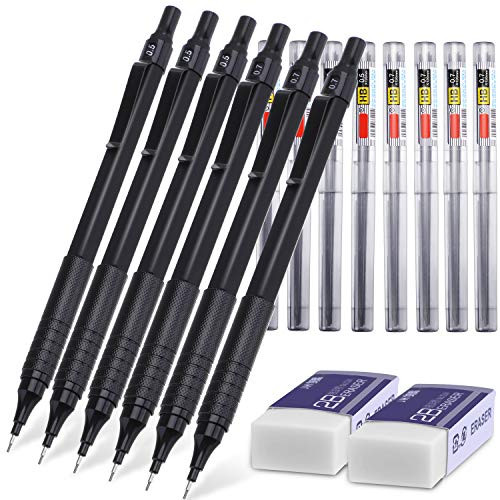 Chuangdi Metal Mechanical Pencils Set 0.5 mm 0.7 mm 6 Pieces Automatic Mechanical Pencils Writing Pencils, 8 Tubes HB Pencil Leads and 2 Pieces Eraser