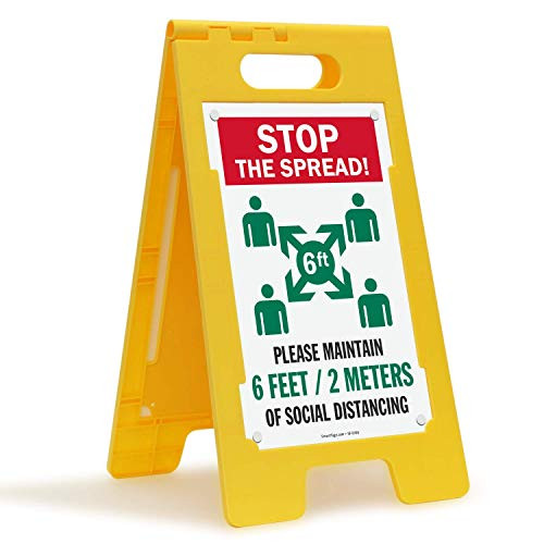 SmartSign Stop The Spread! - Please Maintain 6 Feet/ 2 Meters of Social Distancing Folding Floor Sign | 25" x 12" Plastic