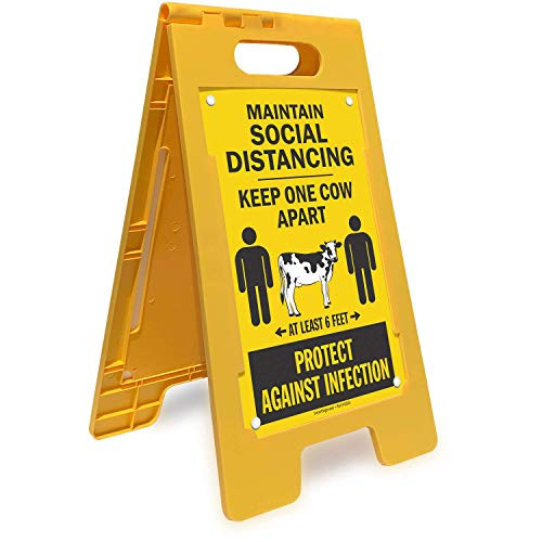 SmartSign Maintain Social Distancing Folding Floor Sign, Double-Sided, Keep One Cow Apart, at Least 6 Feet, Protect Against Infection | 25x12 Inches P
