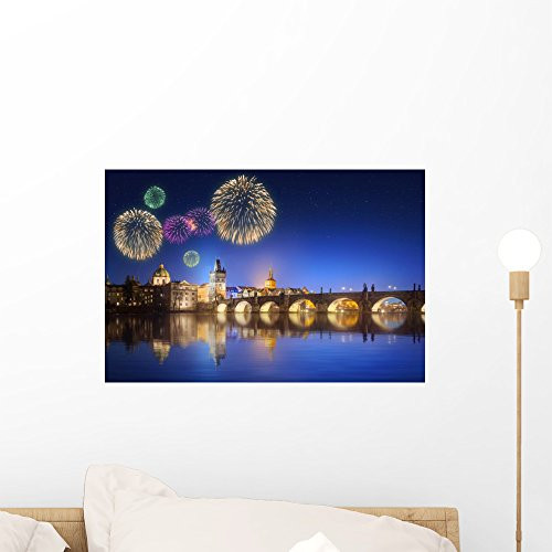 Wallmonkeys WM361272 Charles Bridge and Beautiful Fireworks in Prague at Night Peel and Stick Wall Decals (18 in W x 12 in H), Small
