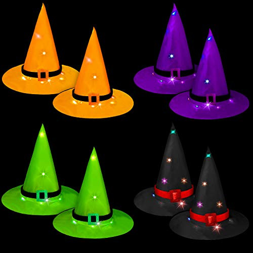 8 Pieces Halloween Decorations Witch Hat Hanging Outdoor Lighted Witch Hat Decorations Glowing Halloween Light Hat Battery Operated for Outdoor Garden