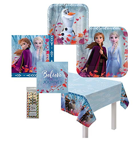 Amscan Disney Frozen 2 Birthday Party Tableware Kit Napkins, Plates, Tablecover Bundle, 16 Guests