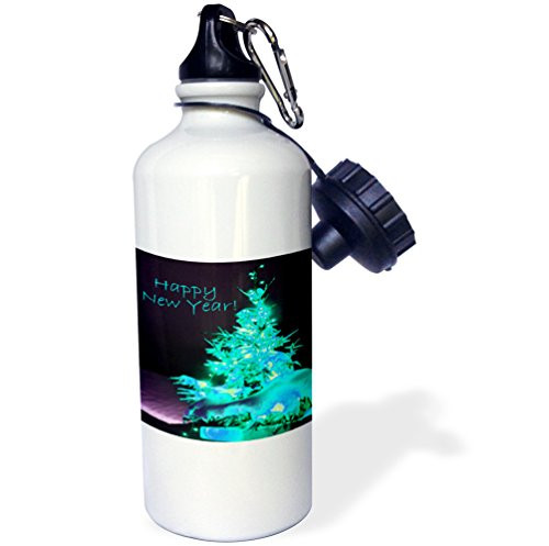 3dRose wb_8926_1"Pretty Christmas Tree Happy New Year in Ice Blue With Light Blue Text" Sports Water Bottle, 21 oz, White