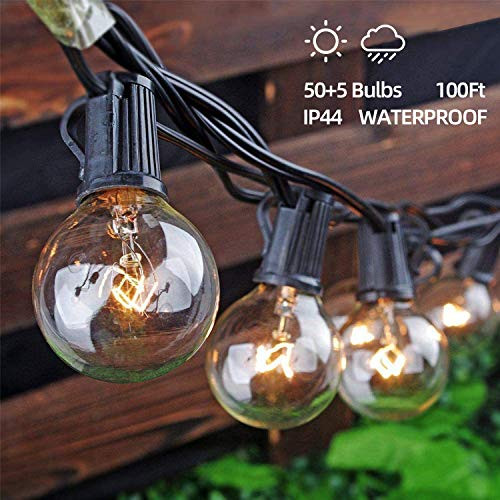Outdoor String Lights, Yuusei 100Ft G40 Patio Lights with 55 5W Clear Globe Bulbs (5 Spare), IP44 Waterproof Backyard String Light with E12 Socket Bas