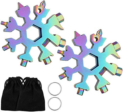 2 Pack Snowflake Multi Tools, 18-in-1 Stainless Steel Multitool Keychain/Bottle Opener/Flat Phillips Screwdriver Kit/Wrench, Multi-Function EDC Gadget