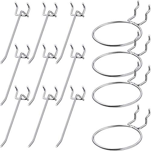 14 Pieces Pegboard Hooks Set Includes 4 Pieces Circle Hooks Ring Style Pegboard Hooks and 10 Pieces Pegboard Pegs Board Hook Set