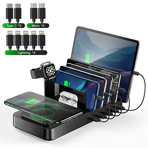 Wireless Charging Station for Multiple Devices,Vogek 8 in 1 5 USB Port Charger Docking Station with Qi Wireless Charging Pad and Apple Watch & AirPods