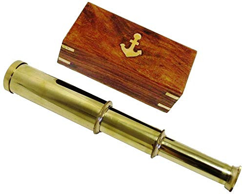 9" Handheld Brass Telescope Nautical Pirate Spy Glass with Anchor Wood Box