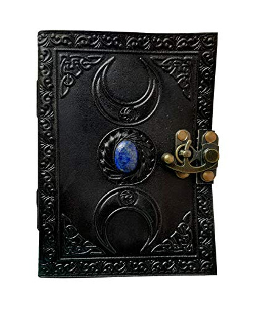 celtic leather grimoire journal with stone black handmade triple moon blank spell witch leather book of shadows wiccan pagan journal daily clasp lock