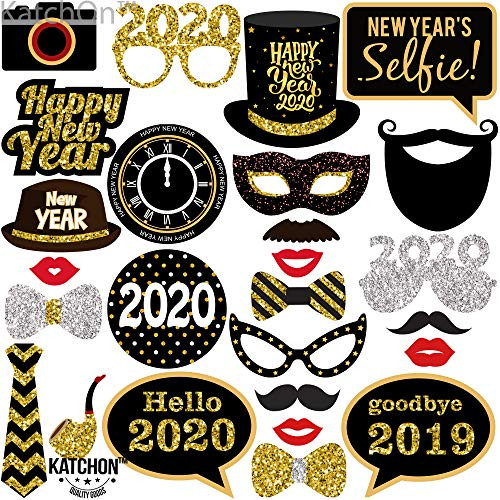 New Years Photo Booth Props Pack of 27, Real Glitter | 2020 New Years Eve Photobooth Props Decorations | Great for New Years eve Party Supplies 2020 |