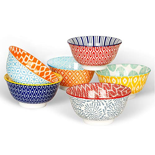 KitchenTour Porcelain Bowls Set - 10 oz Cereal, Soup, Salad, Pasta, Rice, Dessert Ceramic Bowls - Assorted Colorful Design Set of 6