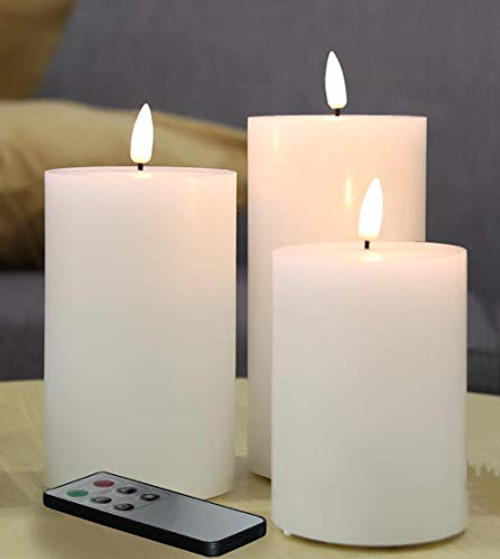 Eywamage Set of 3 White Flameless Pillar Candles Battery Operated D 3" H 4" 5" 6", Flat Top Flickering Electric LED Candles with Remote, Real Wax Unsc Eywamage Set of 3 White Flameless Pillar Candles Battery Operated D 3" H 4" 5" 6", Flat Top Flickering Electric LED Candles with Remote, Real Wax Unsc