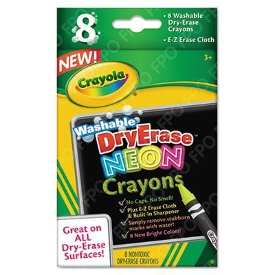 Washable Dry Erase Crayons w/E-Z Erase Cloth, Assorted Neon Colors, 8/Pack, Sold as 1 Set