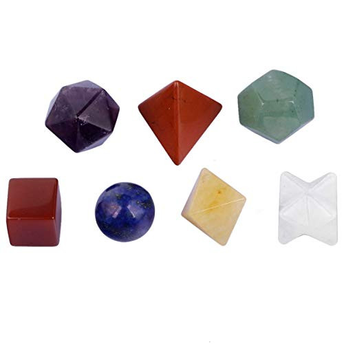 rockcloud 7 Chakra Platonic Solids Sacred Geometry with Merkaba Star Set, Healing Crystal Faceted Gemstones for Meditation Reiki Balancing, Pack of 7
