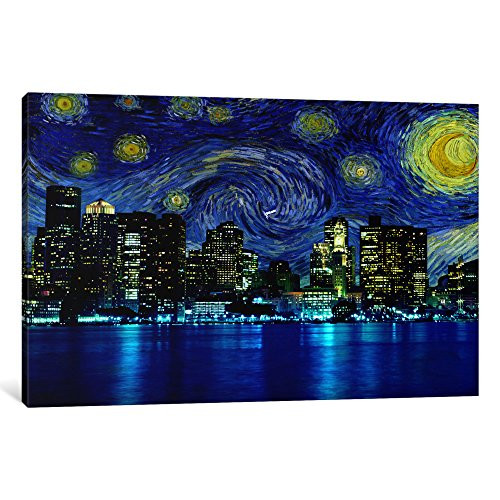 iCanvasART 1 Piece Boston Massachusetts Starry Night Skyline Canvas Print by Kane, 12" x 8"/0.75" Depth