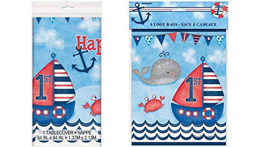 Unique Industries Nautical Boys 1st Birthday Plastic Tablecloth, 84" x 54" with Pack of 8 Unique Industries Nautical Boys 1st Birthday Goodie Bags