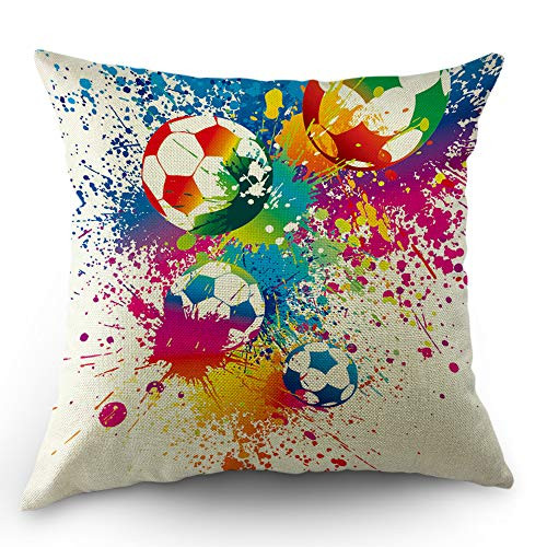 Moslion Football Pillows Decorative Throw Pillow Cover Sports Passion Rainbow Color Soccer Balls Doodle Polka Dot Pillow Case 18x18 Inch Cotton Linen
