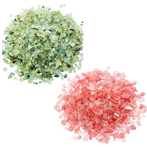 SUNYIK Green Prehnite/Cherry Quartz Tumbled Chips Crystal Crushed Pieces Irregular Shaped 1pound(About 460 Gram)