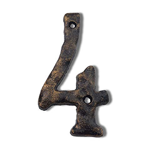 6 Inch House Numbers- Rustic Cast Iron Home Address Number- Featuring Unique Hammered Appearance with Uneven Antique Brass Finished, Number 4