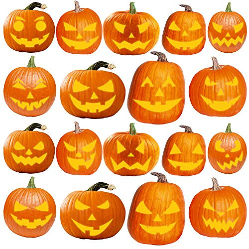 URATOT 18 Pack Halloween Luminous Pumpkin Decorating Craft Kits Bright Yellow Luminous Halloween Pumpkin Sticker DIY Pumpkin Face Stickers for Hallowe