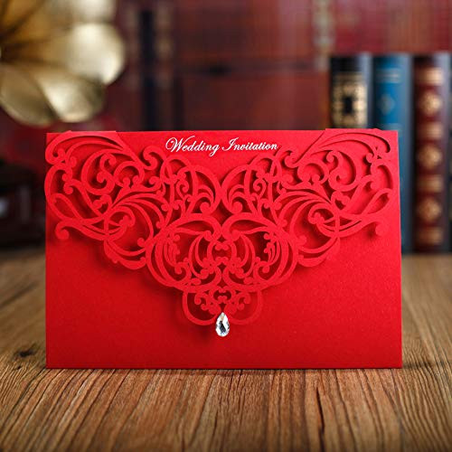 WOMHOPE 50 Pcs - Classic Red Color Laser Cut Lace Card Wedding Invitation Party Folding Invitations Cards Birthday Invitations Cards Wedding Favors wi