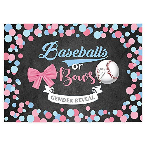 Funnytree 7x5FT Baseballs or Bows Gender Reveal Backdrop Boy or Girl Pink or Blue He or She Baby Shower Party Banner Decoration Supplies Photography B