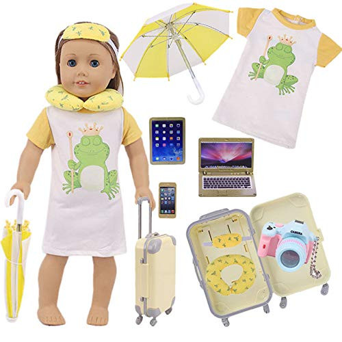 ZWSISU 18Doll Suitcase Luggage Travel Play Set for American 18" Girl Dolls Including Luggage Clothes Pillow Camera Computer Cell Phone Ipad,ect