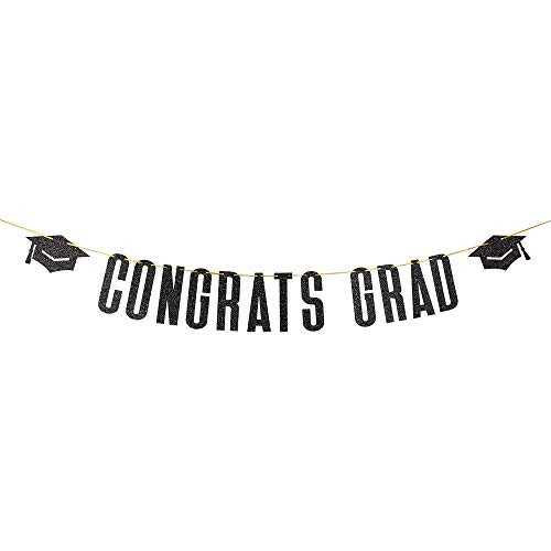 Halodete Glitter Congrats Grad Banner - Congratulations Banner - College High School Graduation Party Decoration Black