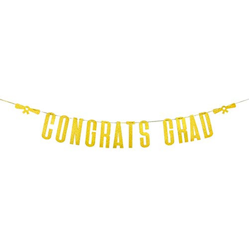 Halodete Glitter Congrats Grad Banner - Congratulations Banner - College High School Graduation Party Decoration Gold