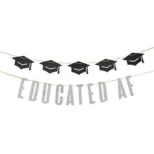 Halodete Glitter Educated AF Banner - Congratulations Banner - I Did It - College High School Graduation Party Decoration Silver