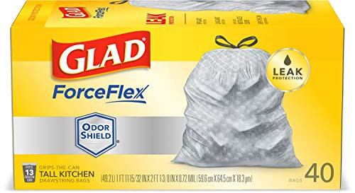 Glad ForceFlex Grey Tall Kitchen Drawstring Trash Bags, Unscented, 13 Gal, 40 Ct (Package May Vary), White, Large (79008)