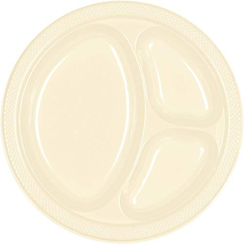 Reusable Round Divided Party Plates Tableware, Vanilla Crème, Plastic, 10", Pack of 20